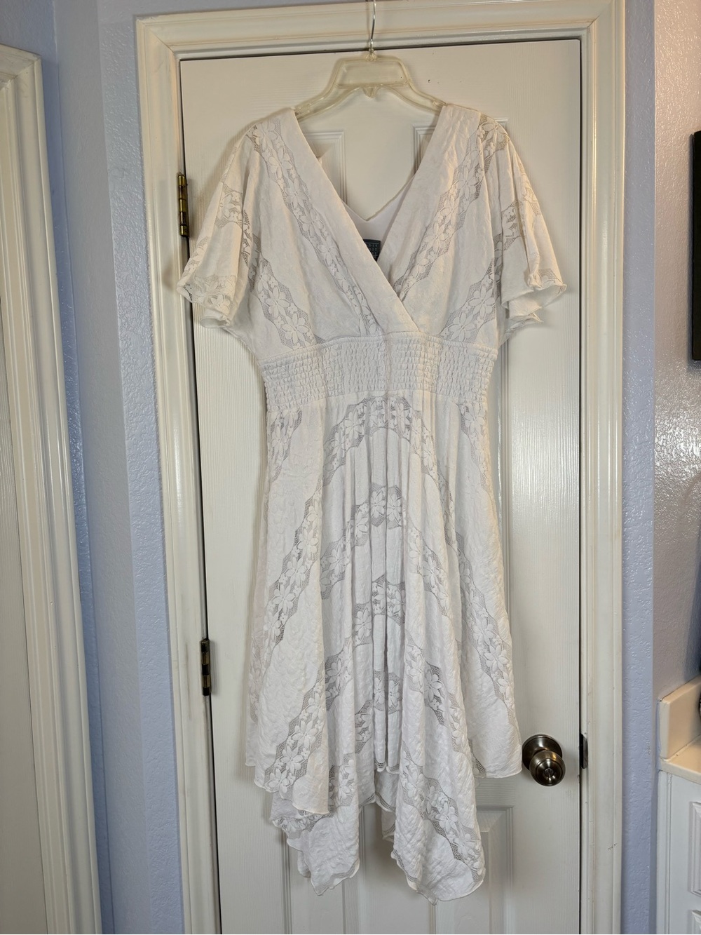 Rabbit Rabbit Rabbit White Lace Handkerchief Hem V-Neck Dress